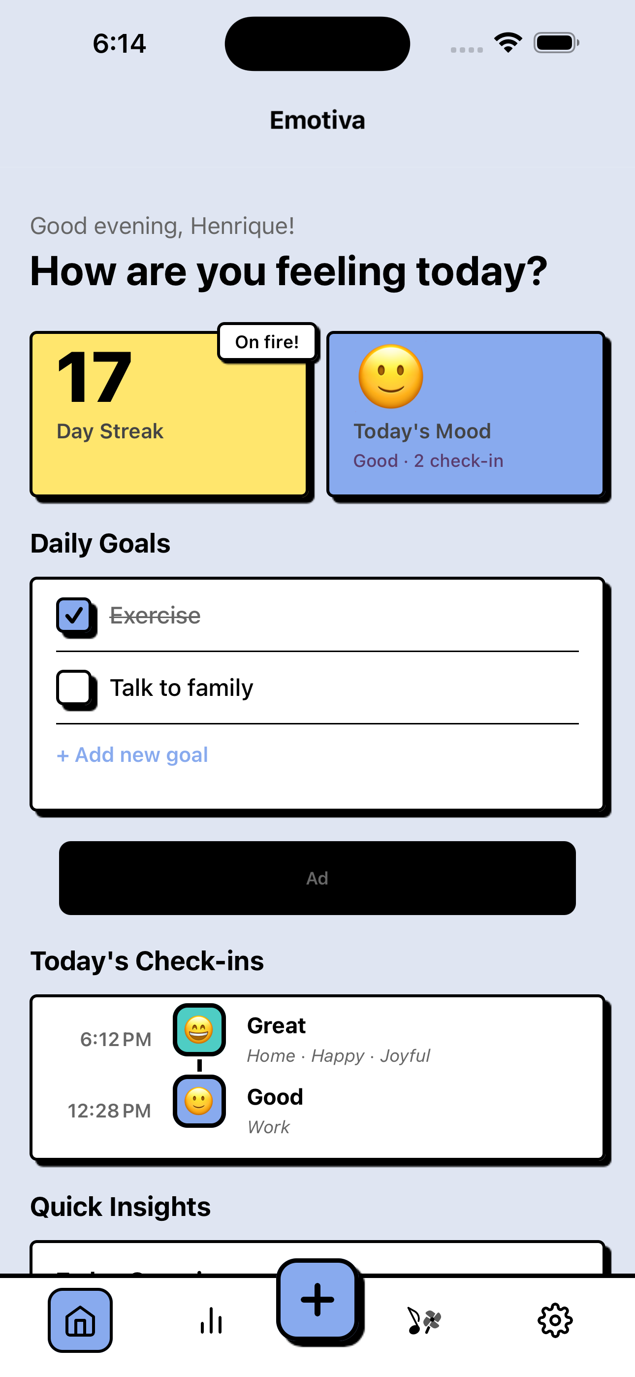 Emotiva app screenshot showing the home screen with mood check-in, streak counter, and daily goals